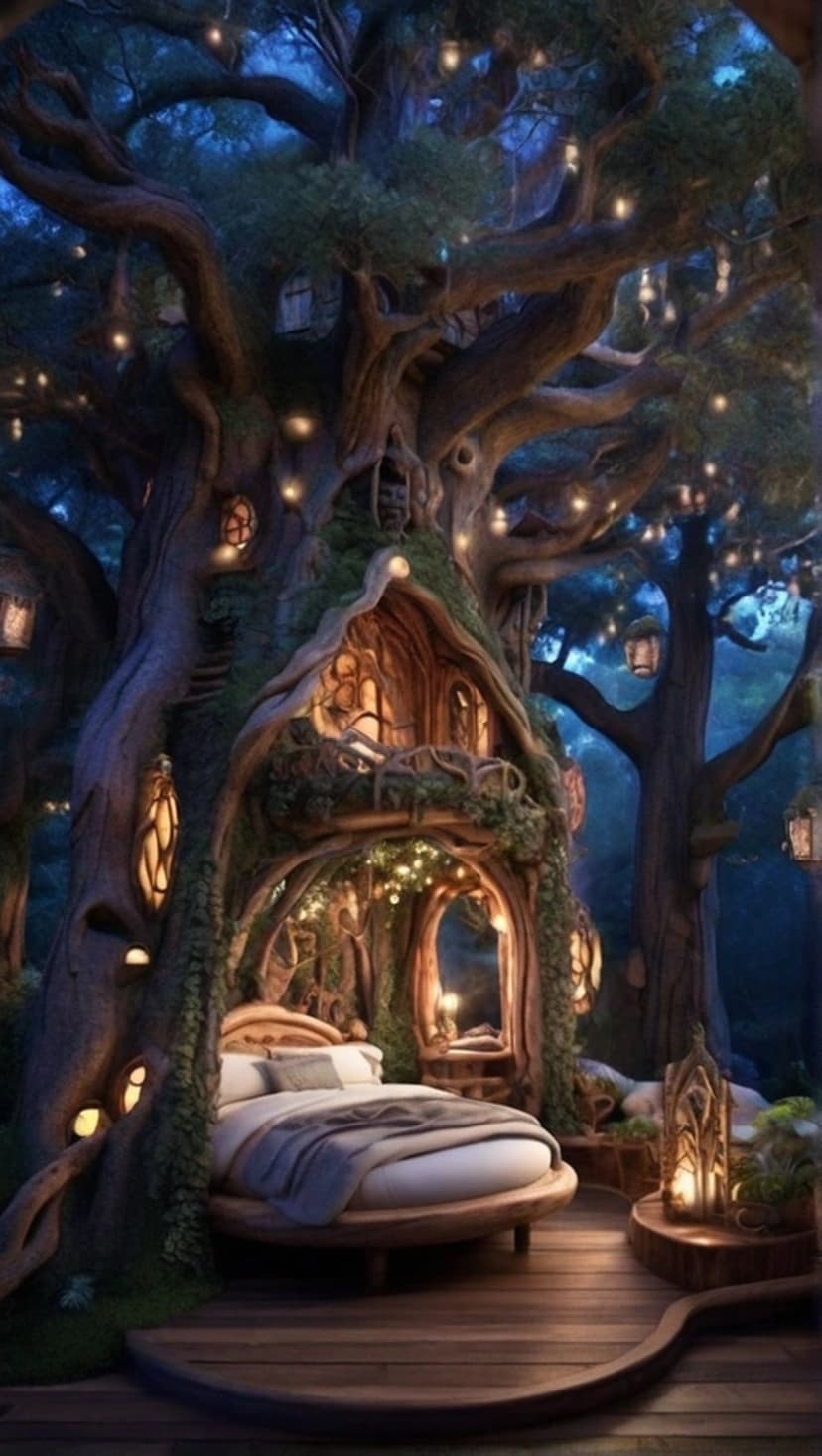 Wooden treehouse bedroom interior with a cozy bed illuminated by glowing lanterns and delicate fairy lights.