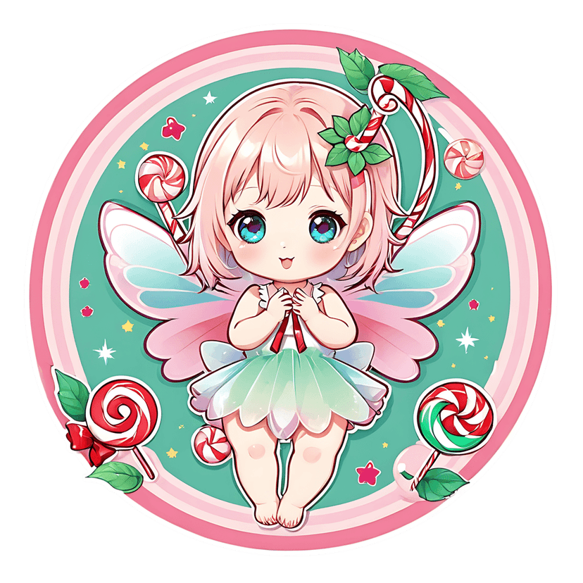 Chibi fairy with pink hair stands amidst lollipops and stars on a teal circular background with pink stripes.