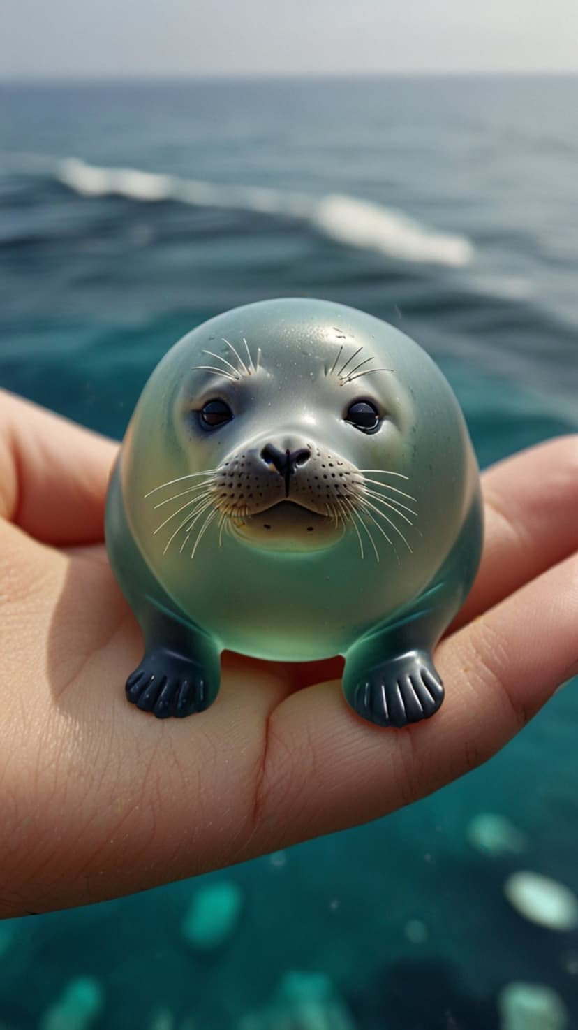 Translucent teal seal toy with black eyes rests in a hand against a blurred blue ocean and hazy summer sky.
