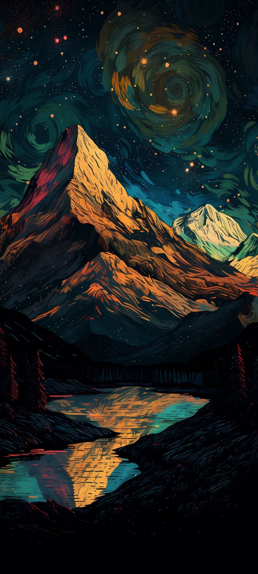 Jagged mountain peaks glow under a swirling starry sky and reflect in a calm lake during a vibrant night.