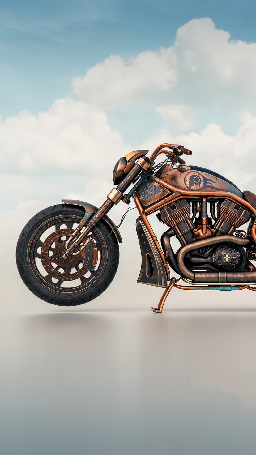 Steampunk motorcycle with copper pipes and a V-twin engine floats against a soft blue sky and white clouds.