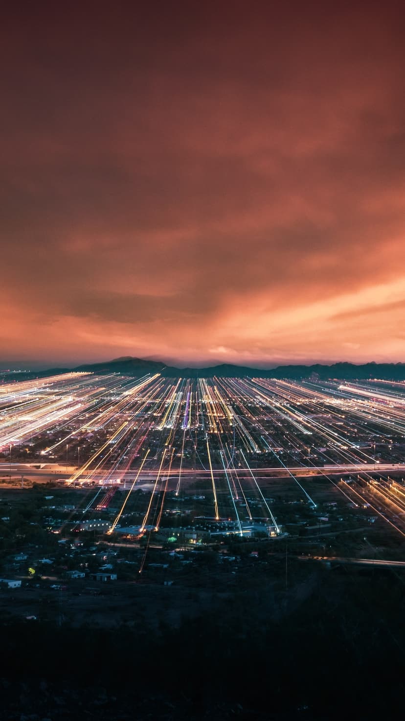 Glowing orange light trails zoom outward from a central city point under a dark red and orange twilight sky.