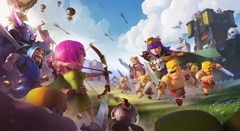 Archer and Wizard lead a charge against Barbarians and the Archer Queen in an epic grassy field battle scene.
