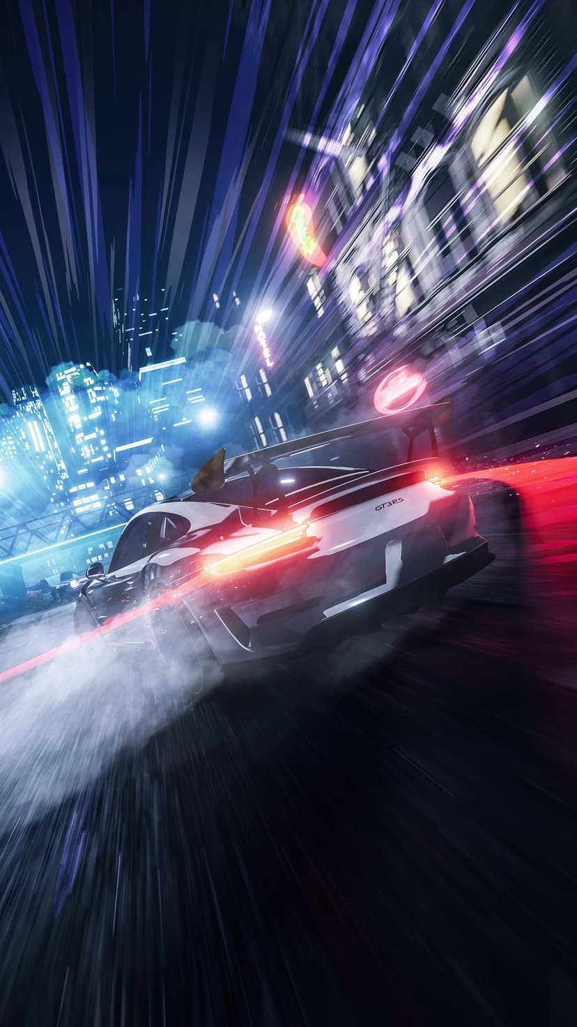 White sports car with red taillights drifting through a neon-lit futuristic city street with motion blur.