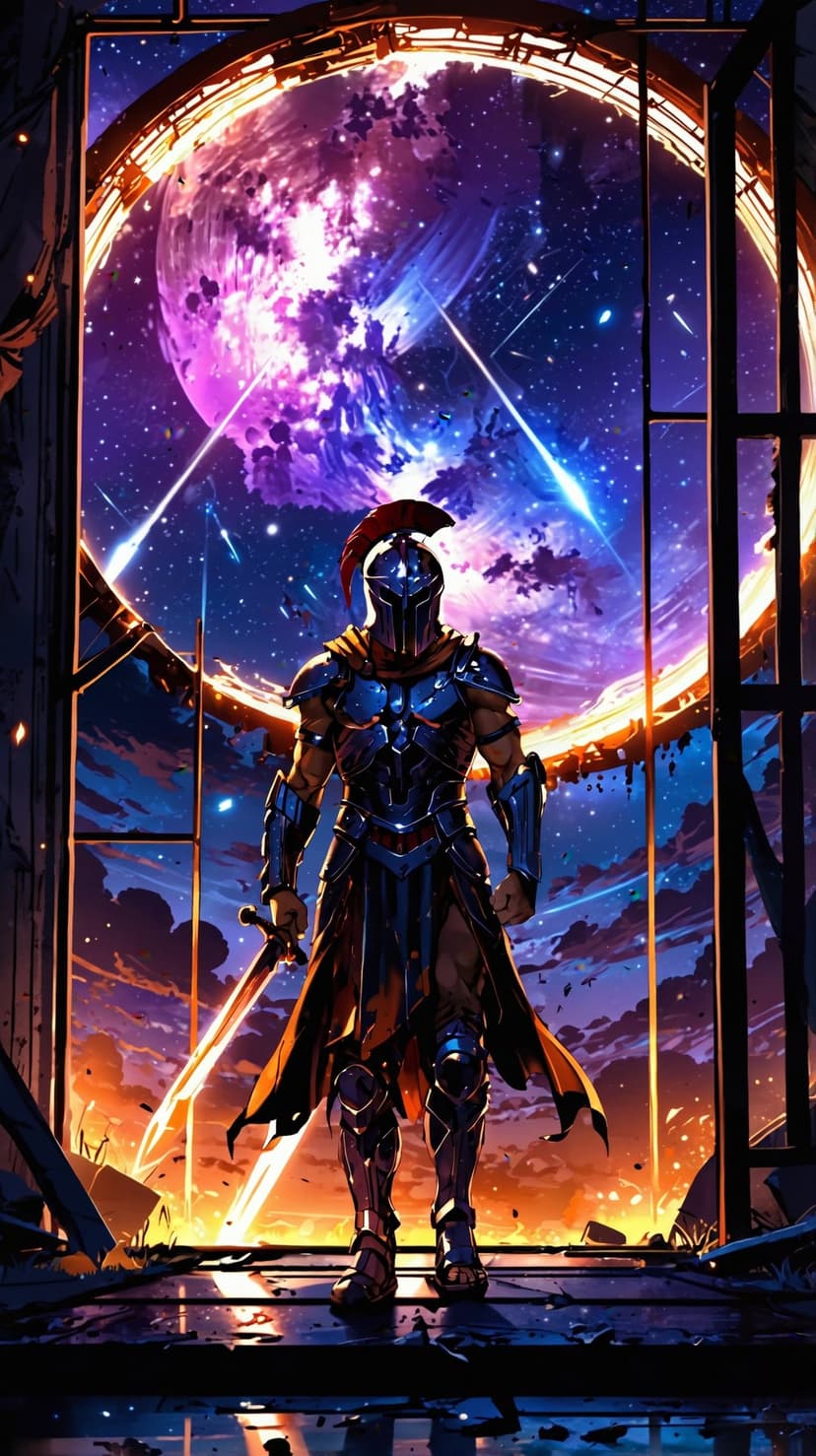 Armored warrior holding a glowing sword stands against a vibrant pink and violet cosmic nebula background.