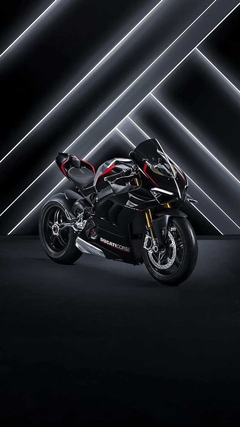 Black Ducati Corse motorcycle positioned in front of glowing white neon geometric lines in a dark studio.