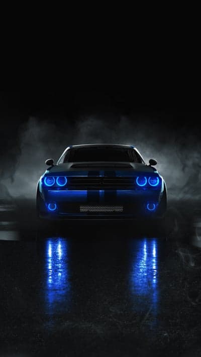 Blue Neon Dodge Challenger in Smoky Darkness