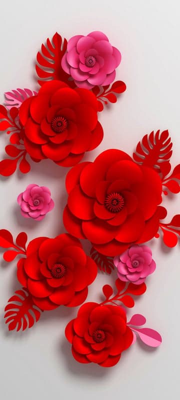 3D Red and Pink Paper Flowers with Leaves on White Background