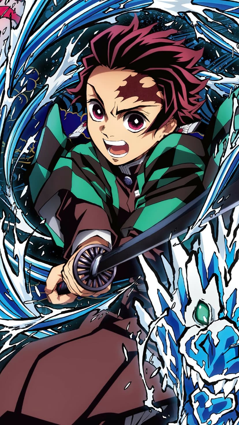 Tanjiro Kamado swings a katana amidst swirling blue water waves with an intense expression and glowing red eyes.