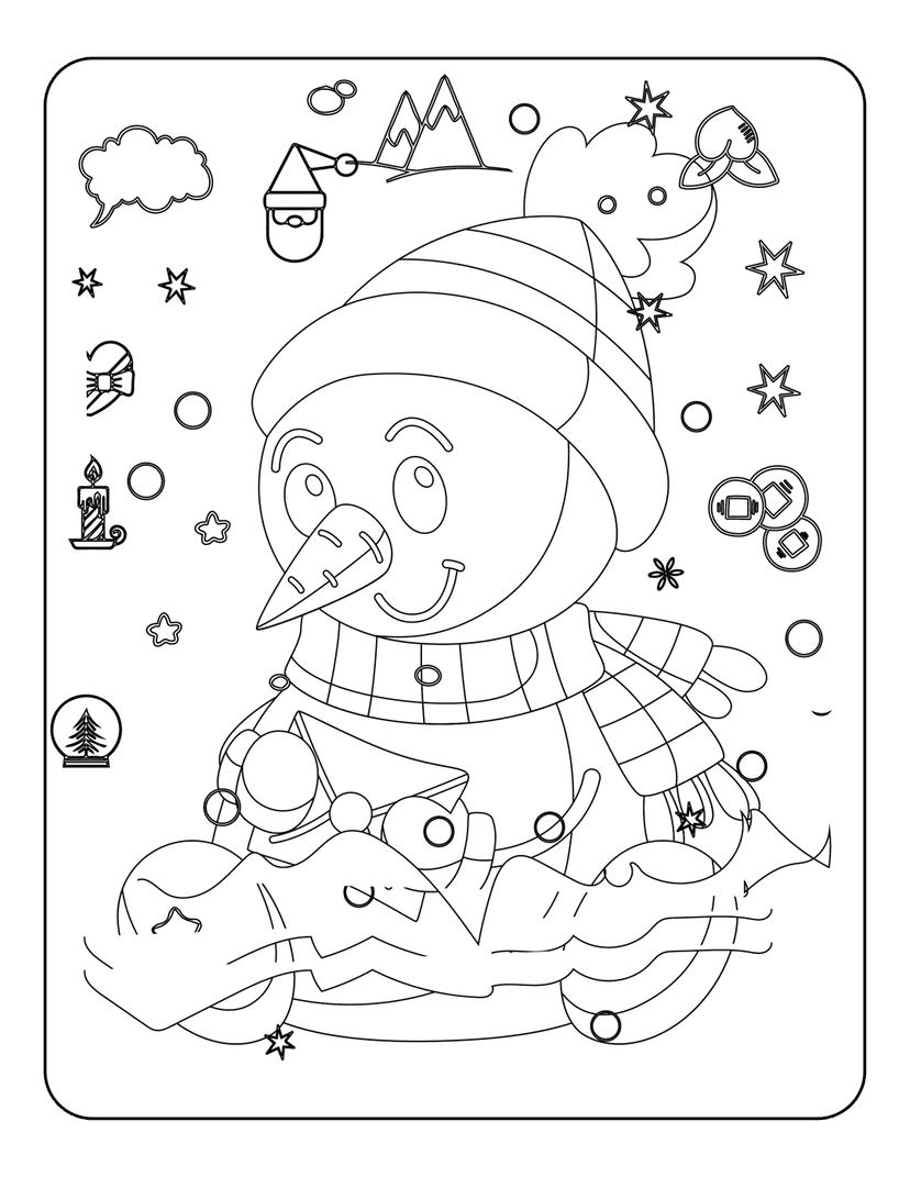 Snowman coloring page with festive line art showing a snow globe, candle, stars, and mountain scenery.