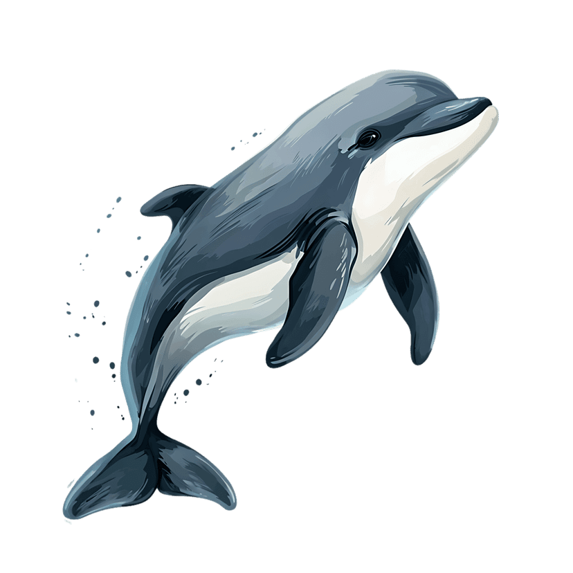 Dolphin leaping from splashing water shows a gray aquatic mammal in mid-air against a transparent background.