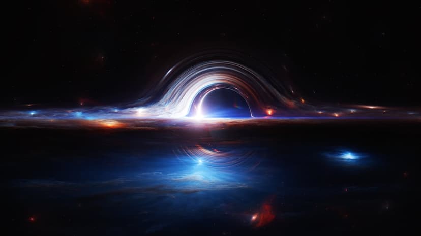 Black hole singularity with a glowing orange accretion disk surrounded by blue cosmic dust and distant stars.