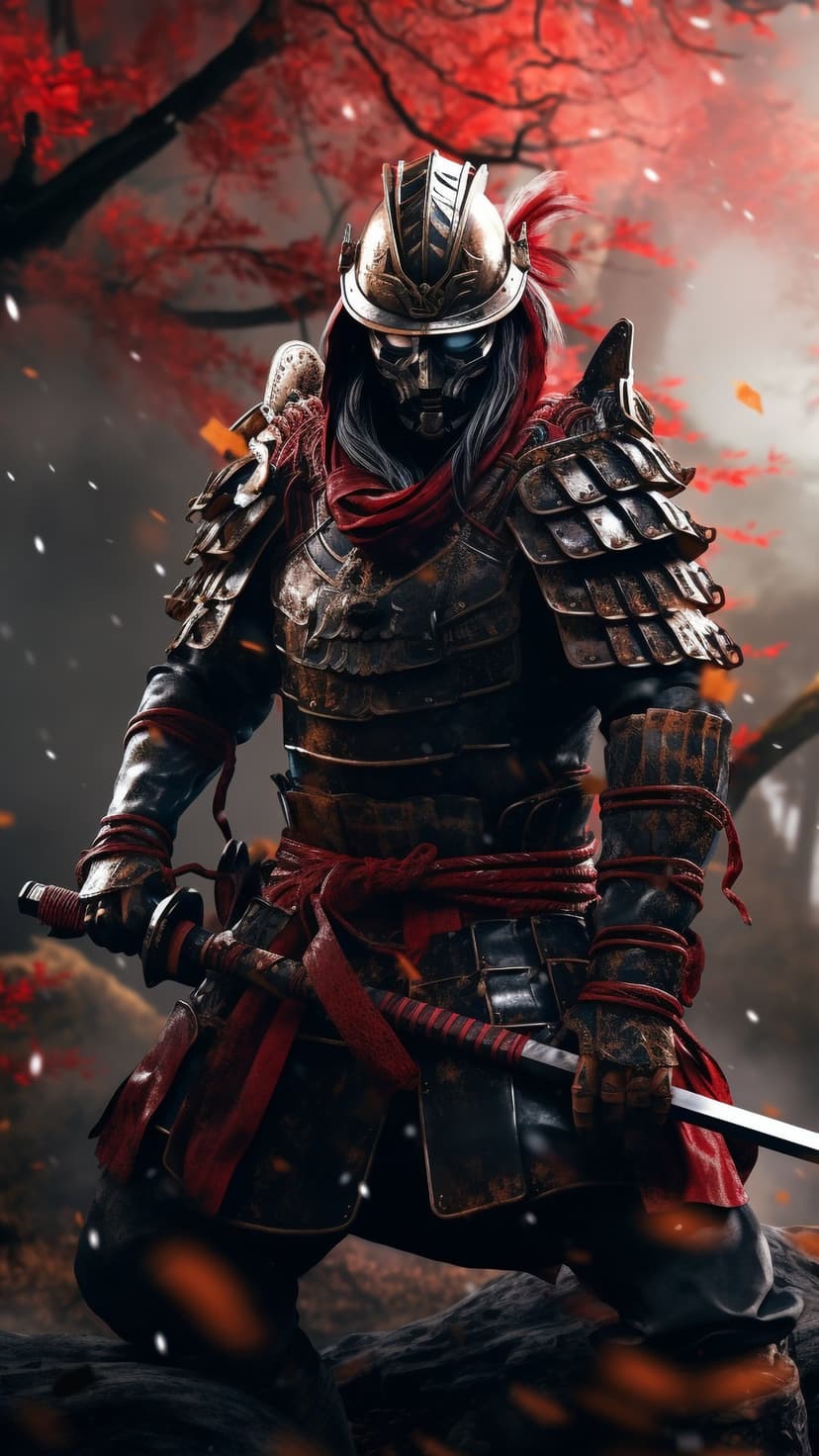 Cyborg samurai in rusted armor with a red scarf holds a katana in a snowy forest filled with red maple leaves.