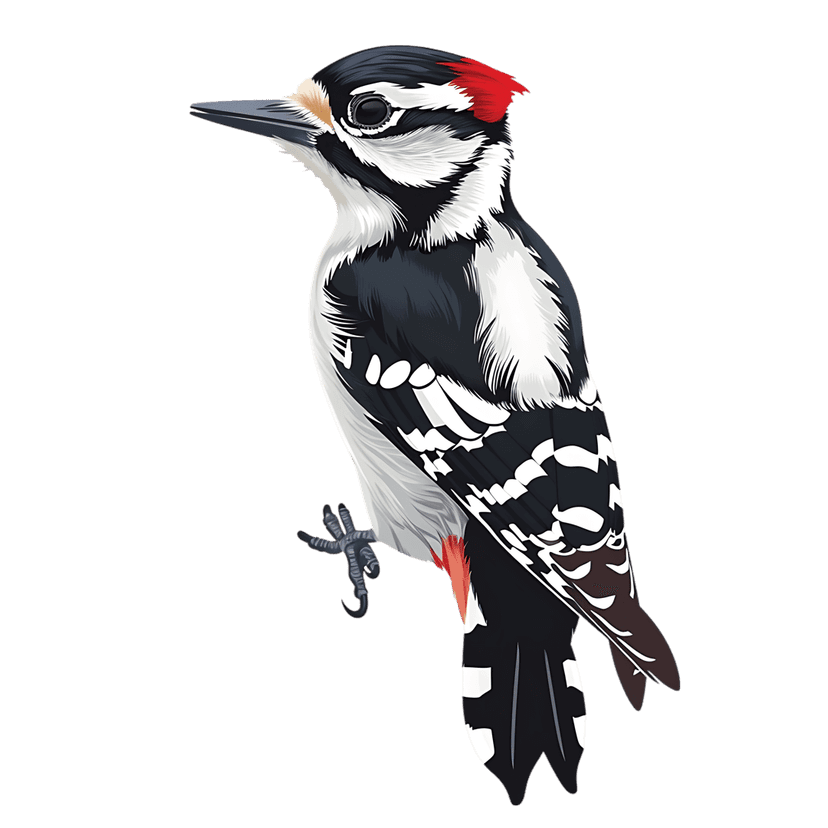 Great Spotted Woodpecker with red nape patch perched showing detailed black and white plumage on black background.
