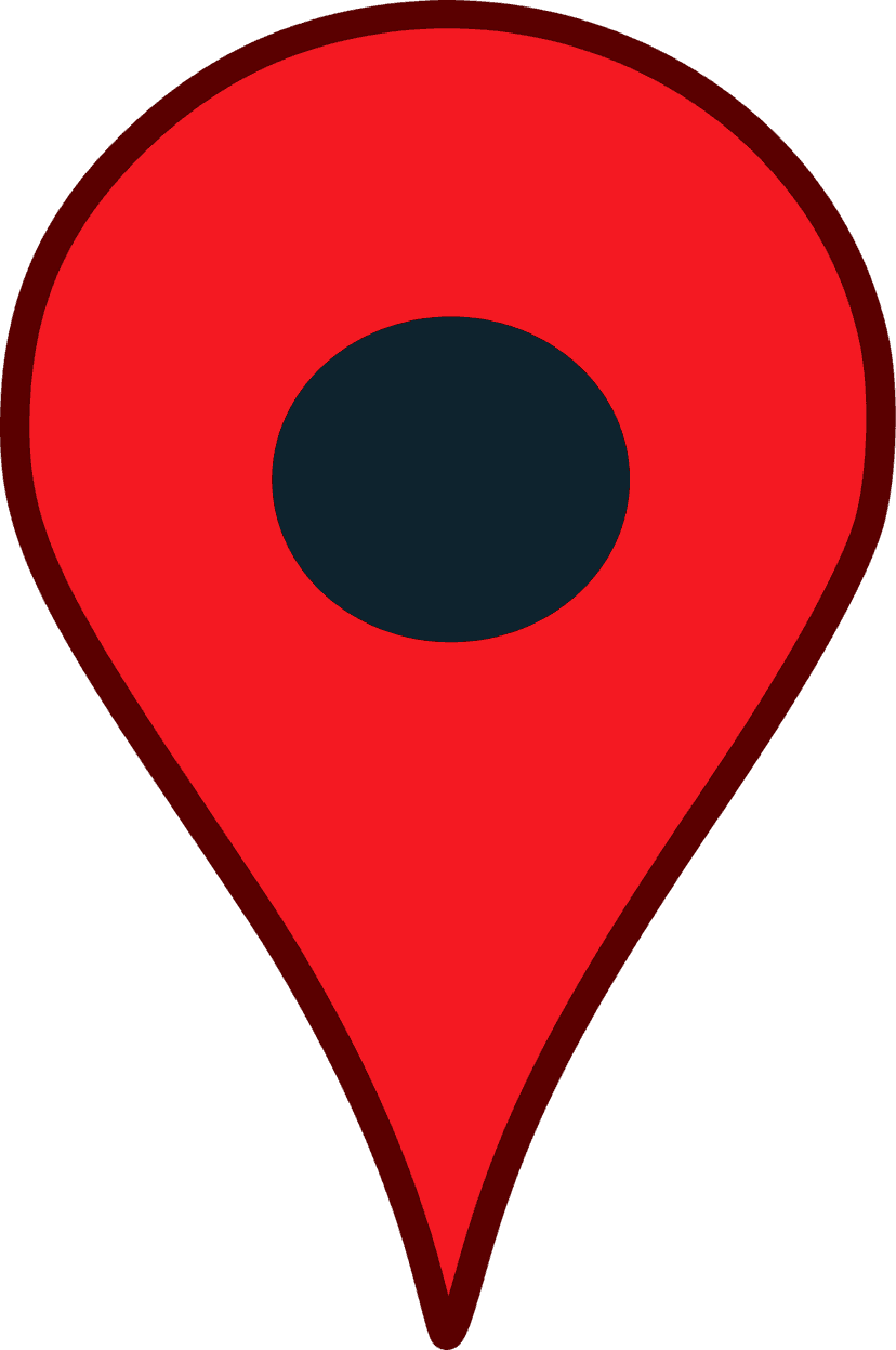 Red location pin icon features a dark center dot and a thick black outline against a transparent background.