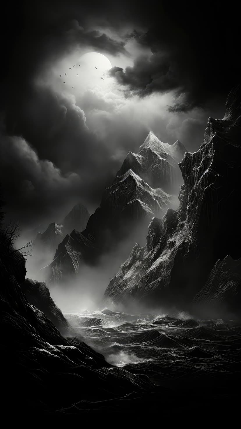Snowy mountain peaks tower over a dark, crashing ocean with birds flying under a hazy moon in monochrome.