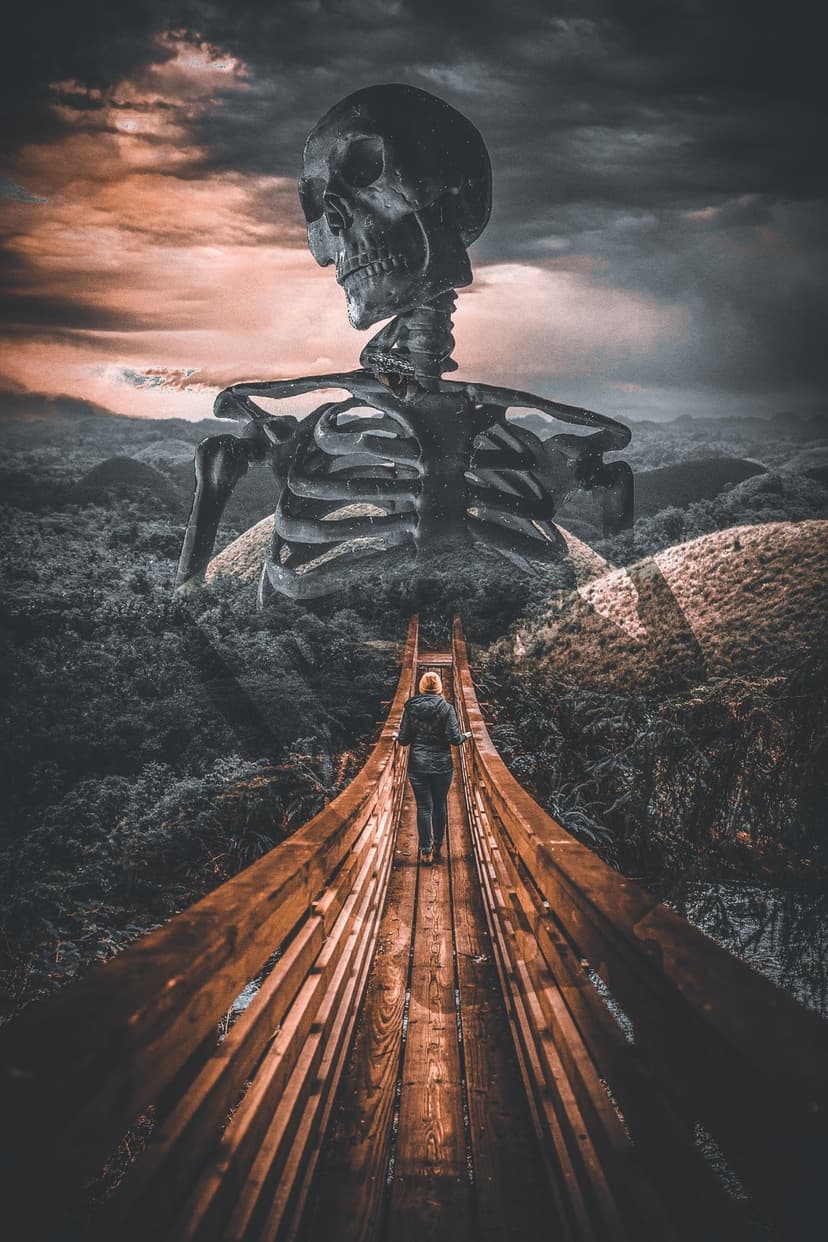 Colossal skeleton towers over a person walking across a rope bridge amid thick fog and dark mountain cliffs.