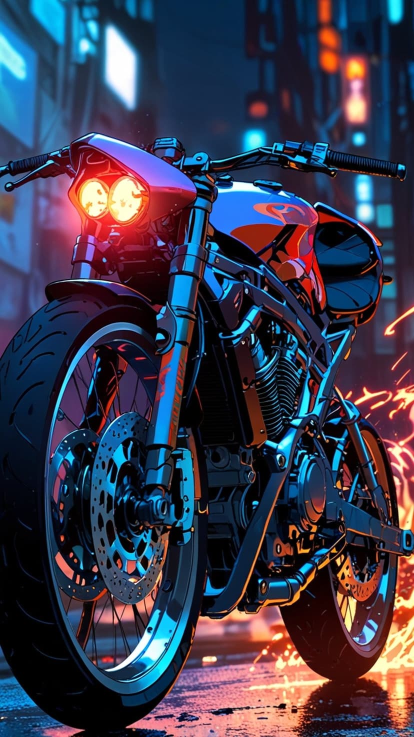 Cyberpunk motorcycle with red headlights parked on a wet neon street with sparks flying in a futuristic city.