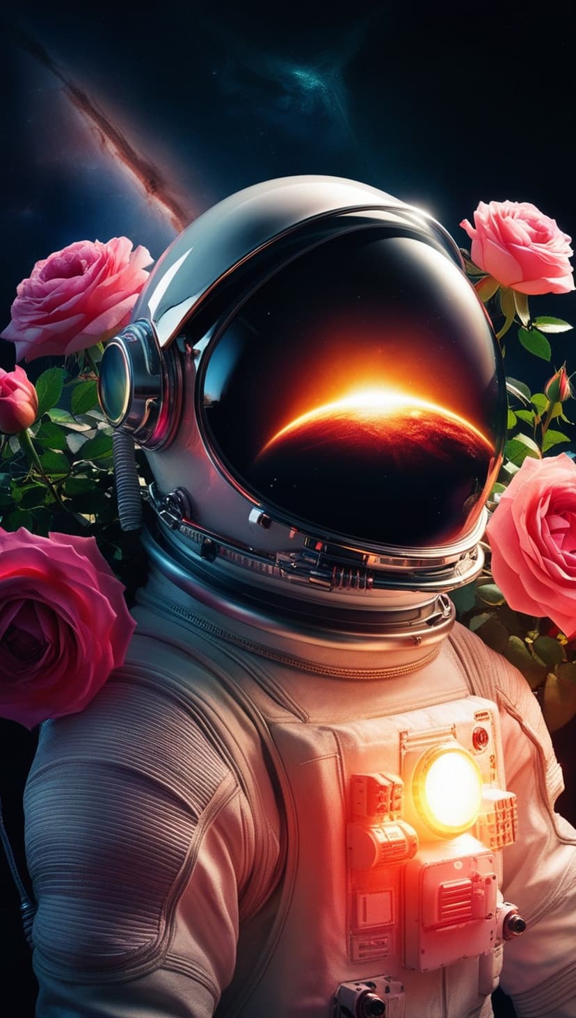Astronaut in a white suit floats among pink roses with a vibrant nebula reflecting in their glass visor.