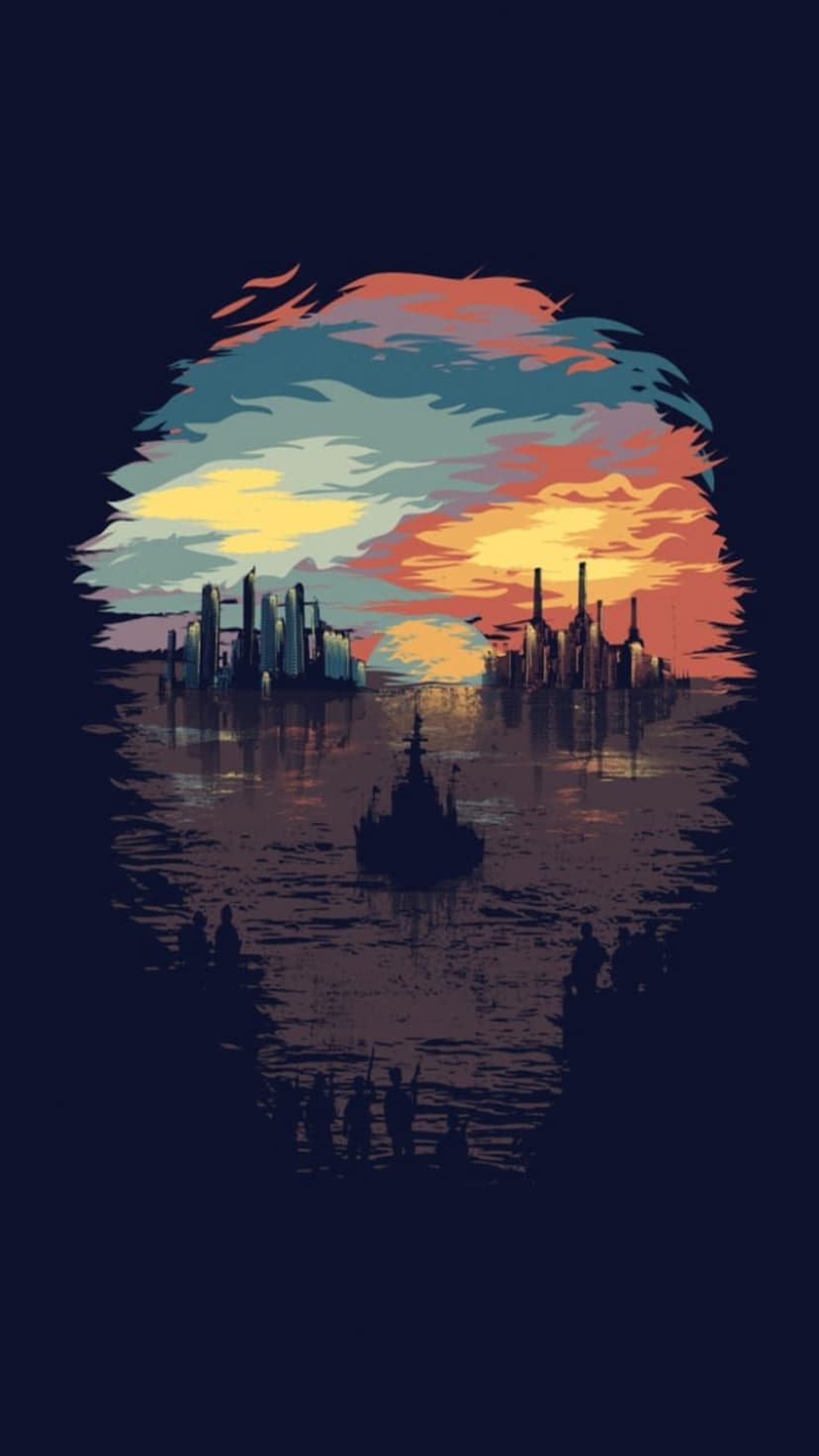 Skull-shaped sunset sky looms over a dark industrial harbor with tiny silhouettes standing on a reflective shore.