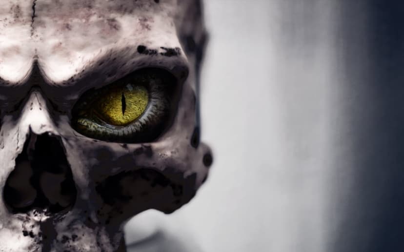 Weathered human skull with a glowing yellow reptilian eye and deep shadows, viewed in a close-up profile.
