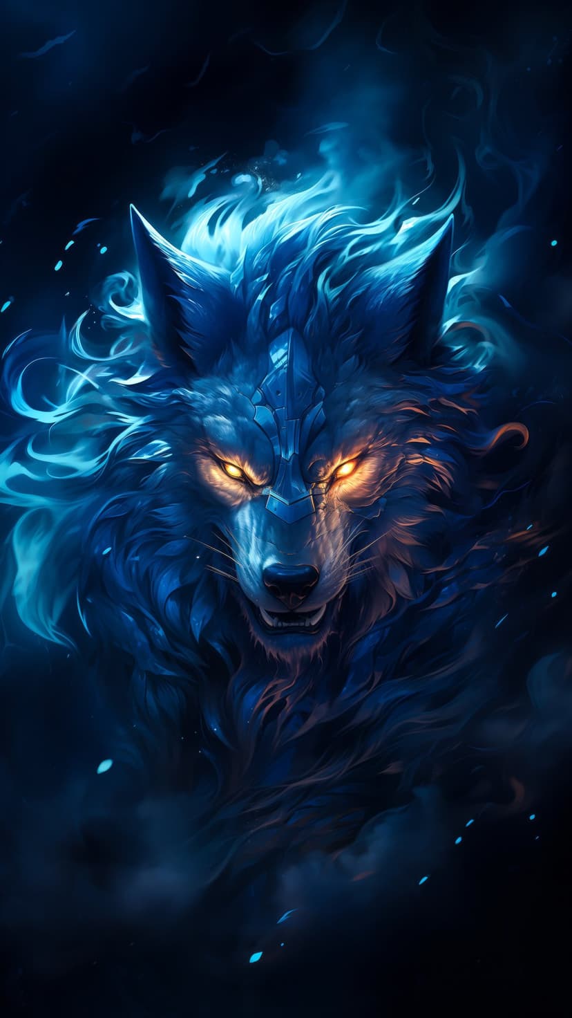 Blue wolf with golden eyes and a fiery mane of blue smoke poses against a dark abyss with light specks.