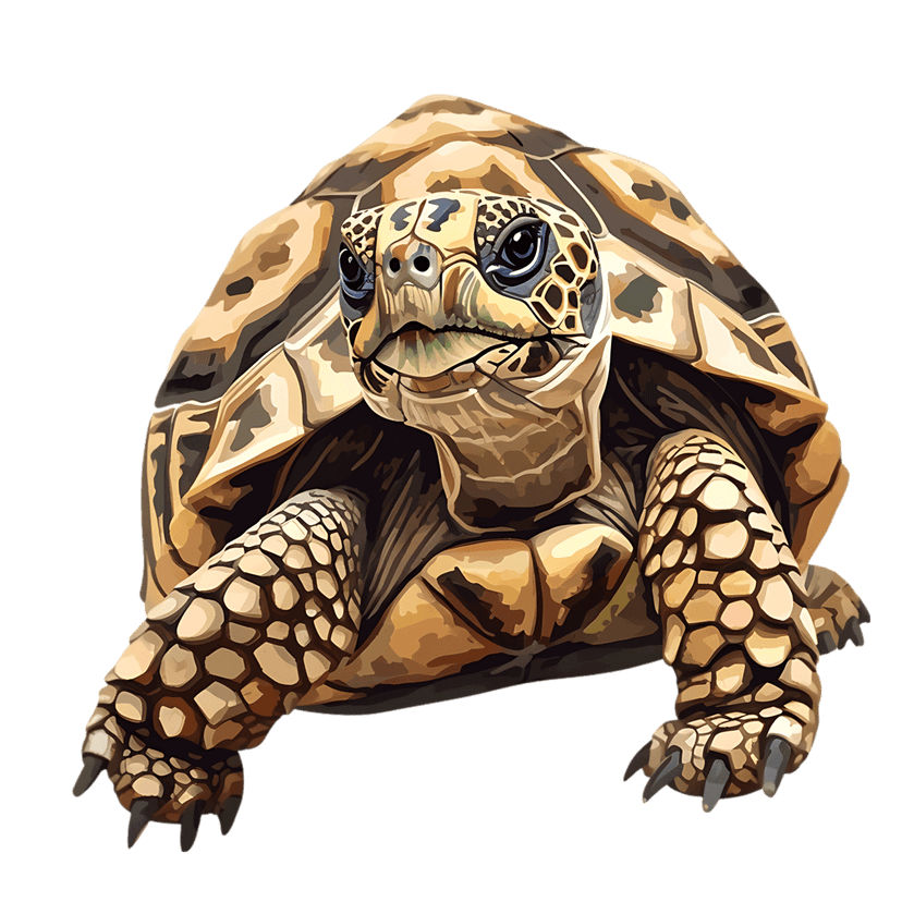 Tortoise illustration showcasing a patterned shell and blue eyes against a solid black background profile.