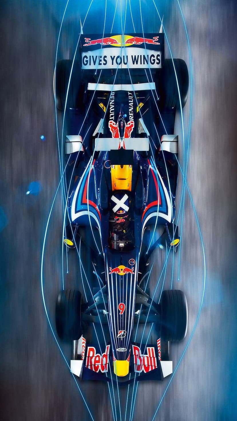 Red Bull F1 racing car captured from an aerial perspective with glowing blue streaks emphasizing extreme speed.