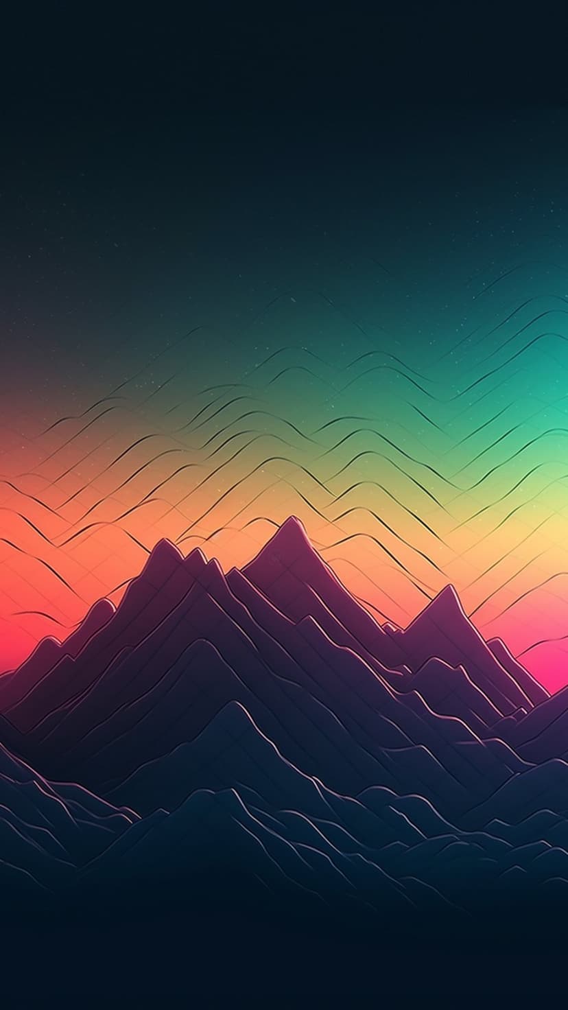 Jagged blue mountain peaks beneath an orange and teal gradient sky featuring thin white topographic wavy lines.