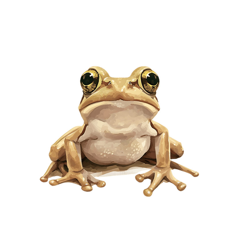 Brown frog illustration featuring large golden eyes and textured skin isolated on a solid black background.
