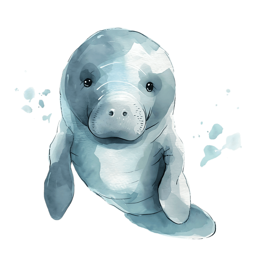Manatee watercolor illustration featuring blue paint textures and dynamic water splashes against transparency.