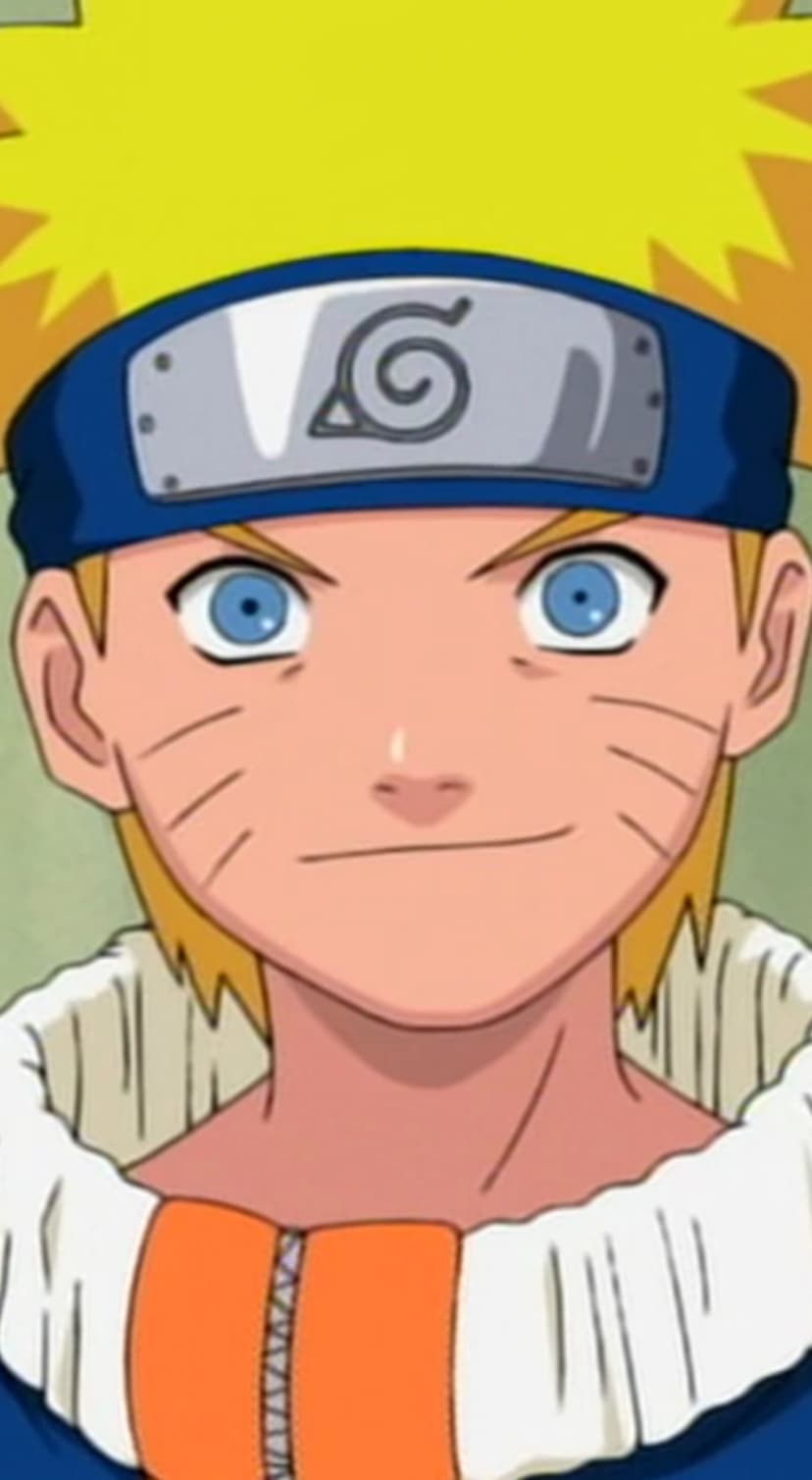 Naruto Uzumaki wears a metal Leaf Village headband with spiky yellow hair and bright blue eyes in a close-up.