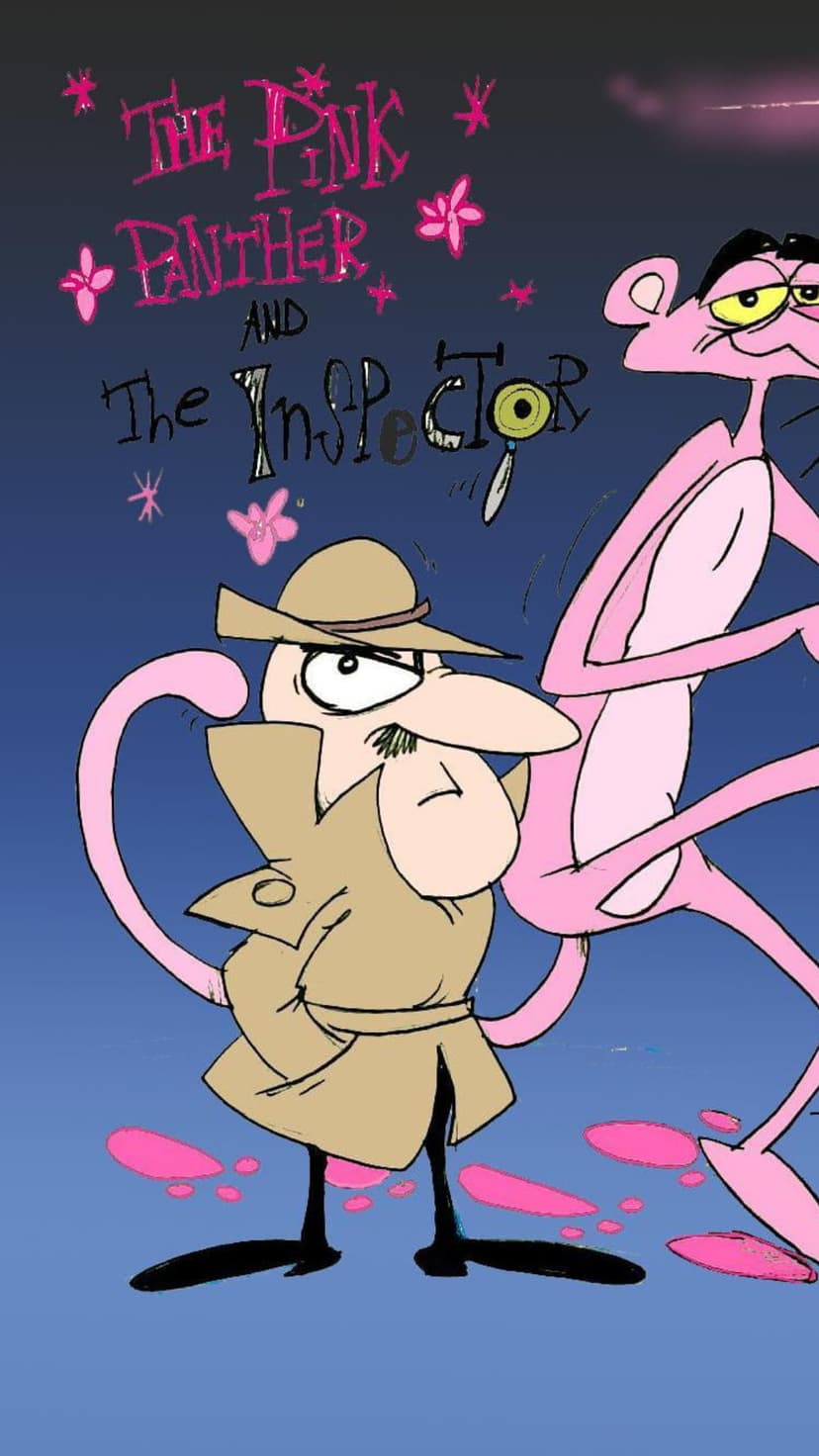 Pink Panther and The Inspector in a trench coat stand before a blue gradient background with pink lettering.