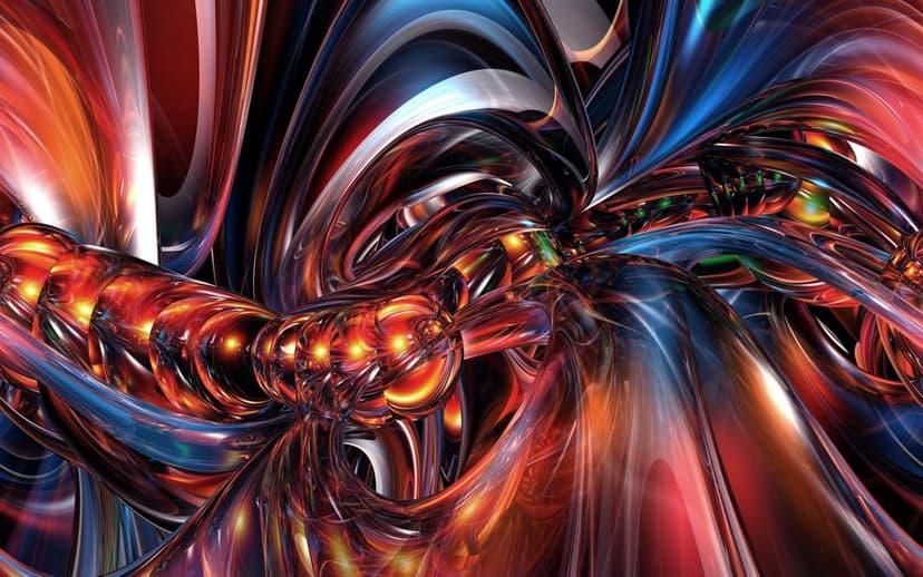 Metallic red and blue swirls converge in a reflective chrome vortex with deep shadows and glossy highlights.