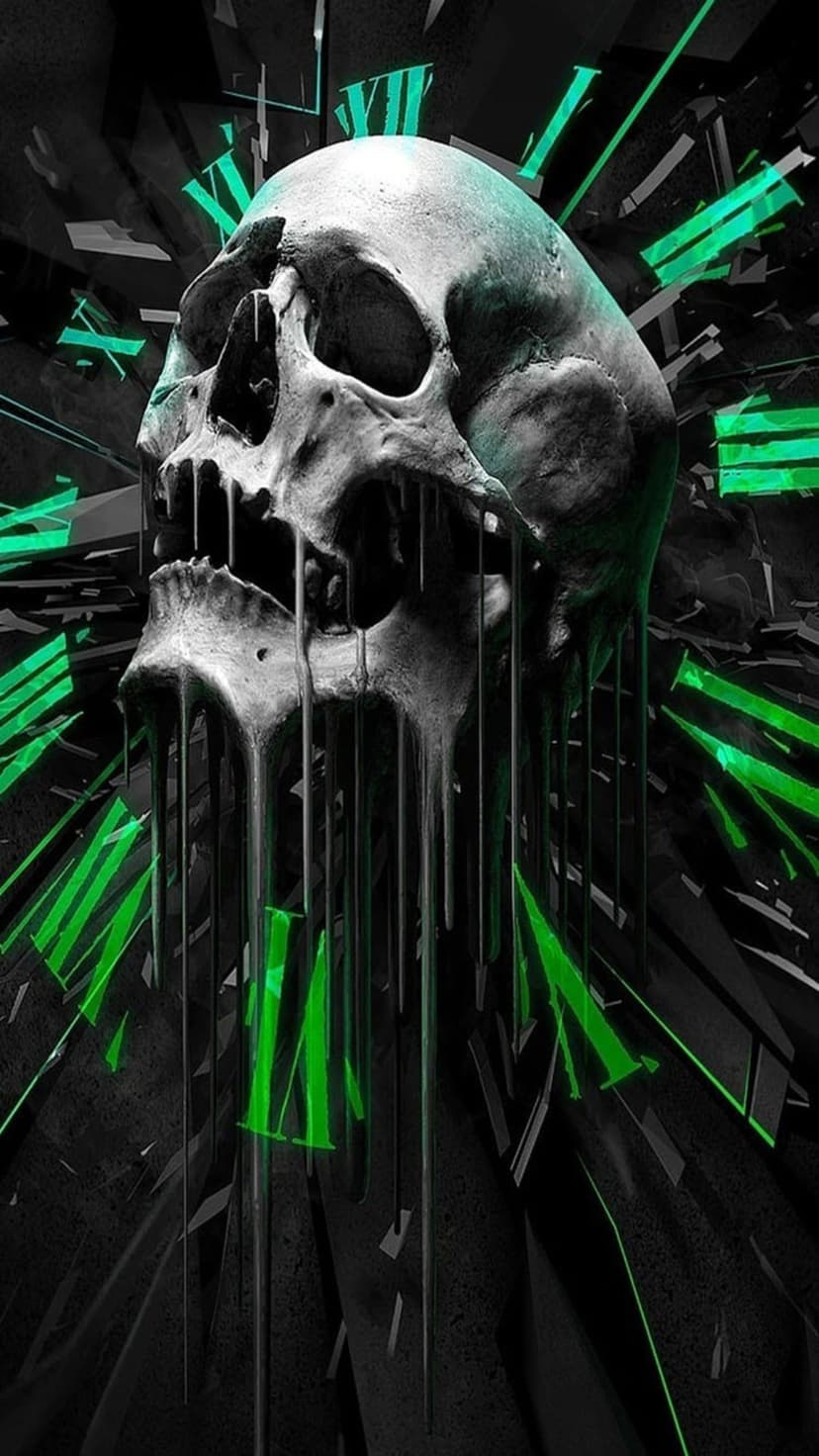 Melting human skull dissolving into sharp neon green geometric shards and bright digital light on a black background.