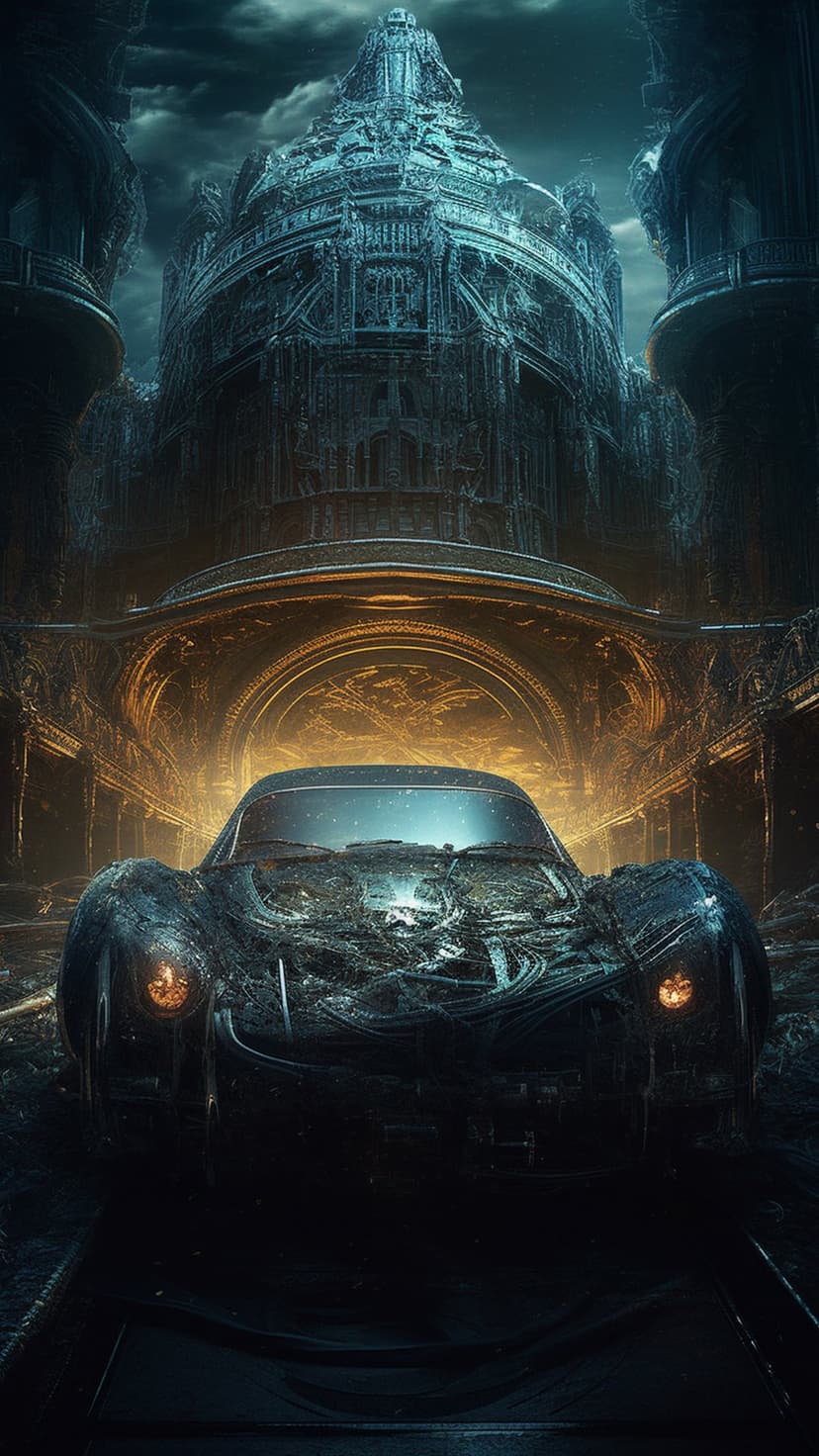 Organic-textured futuristic car with glowing orange headlights parked before a massive decaying stone structure.