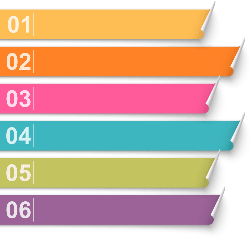 Six-color paper infographic sequence features vibrant folded rectangles arranged horizontally for data steps.