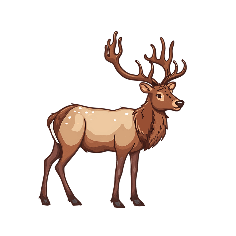 Stag elk illustration with large antlers and white spots on a brown coat standing in a side profile view.