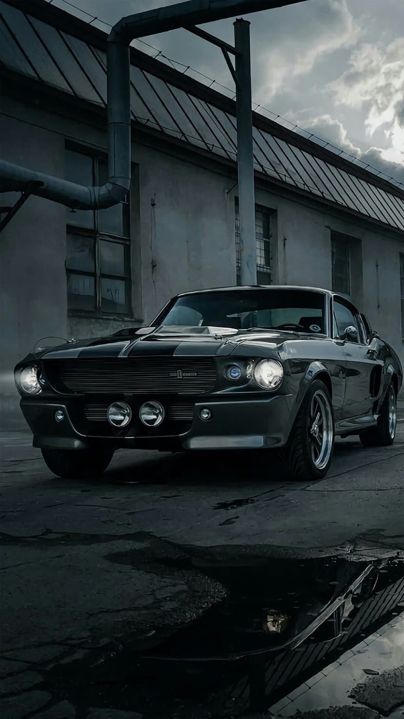 Eleanor Shelby GT500 Mustang parked on wet asphalt near a weathered industrial building under a cloudy sky.