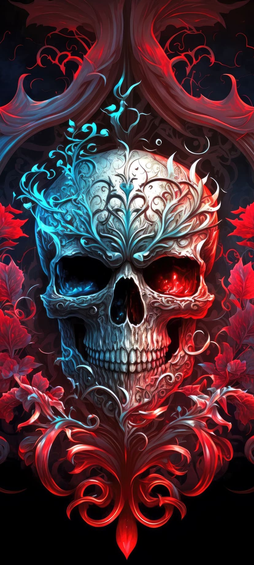 Gothic skull with glowing red and blue eyes surrounded by symmetrical red floral vines and ornate dark patterns.