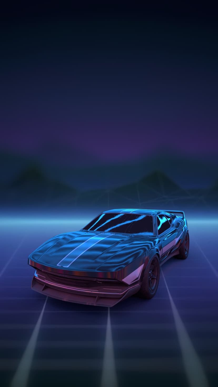 Blue sports car with neon trim driving on a glowing grid under a purple gradient sky with mountain silhouettes.