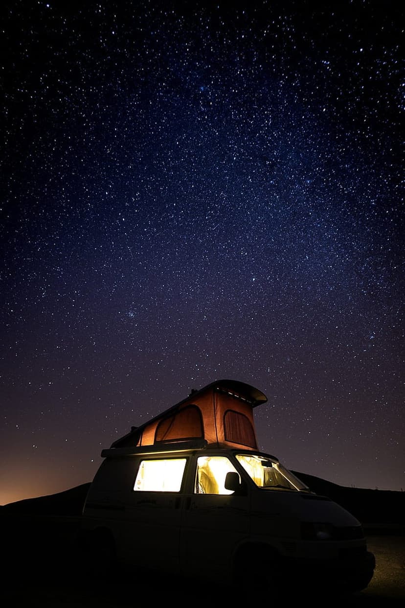 Camper van with a glowing interior and raised roof parked under a vast, densely star-filled midnight sky.