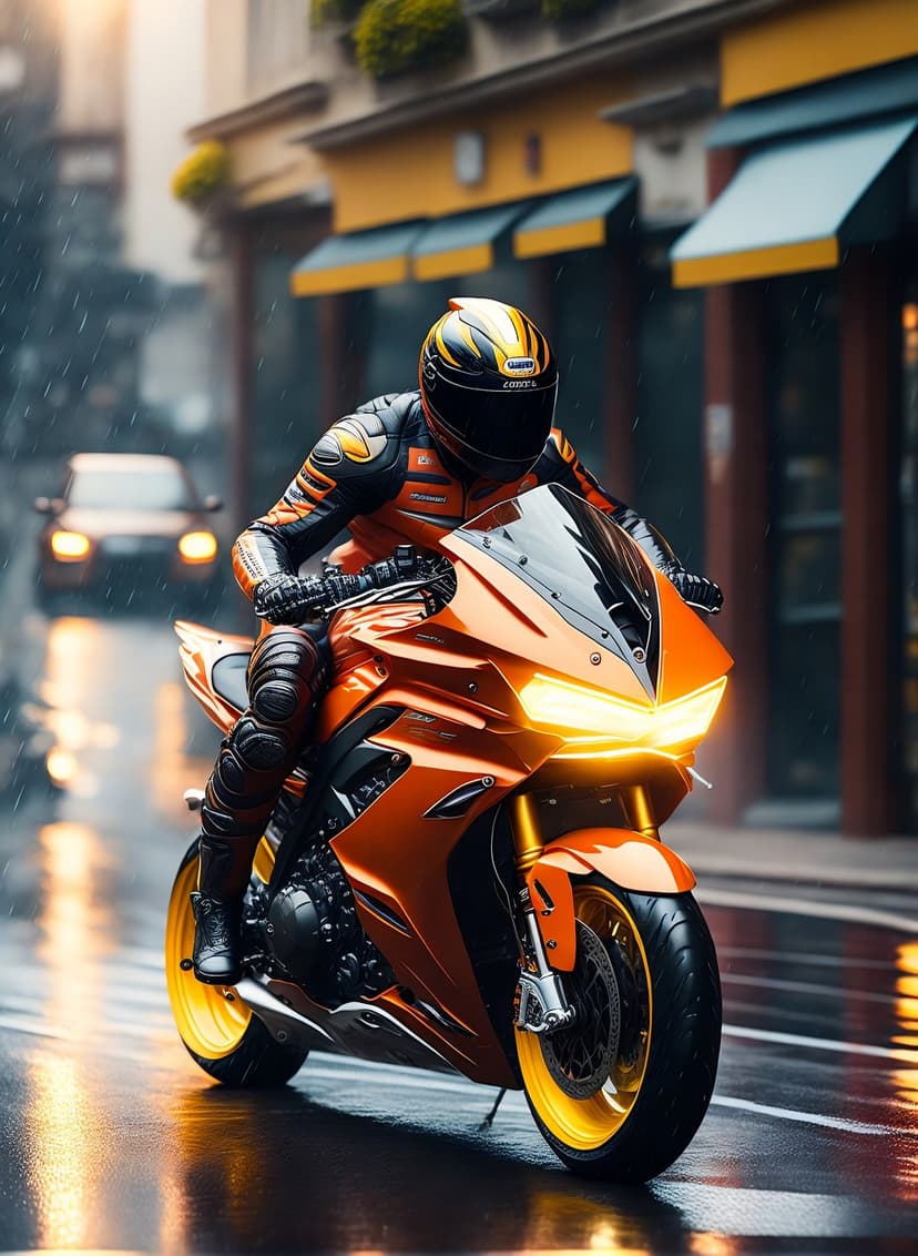 Motorcyclist in orange racing gear rides an orange bike on a wet urban street with blurred city lights behind.
