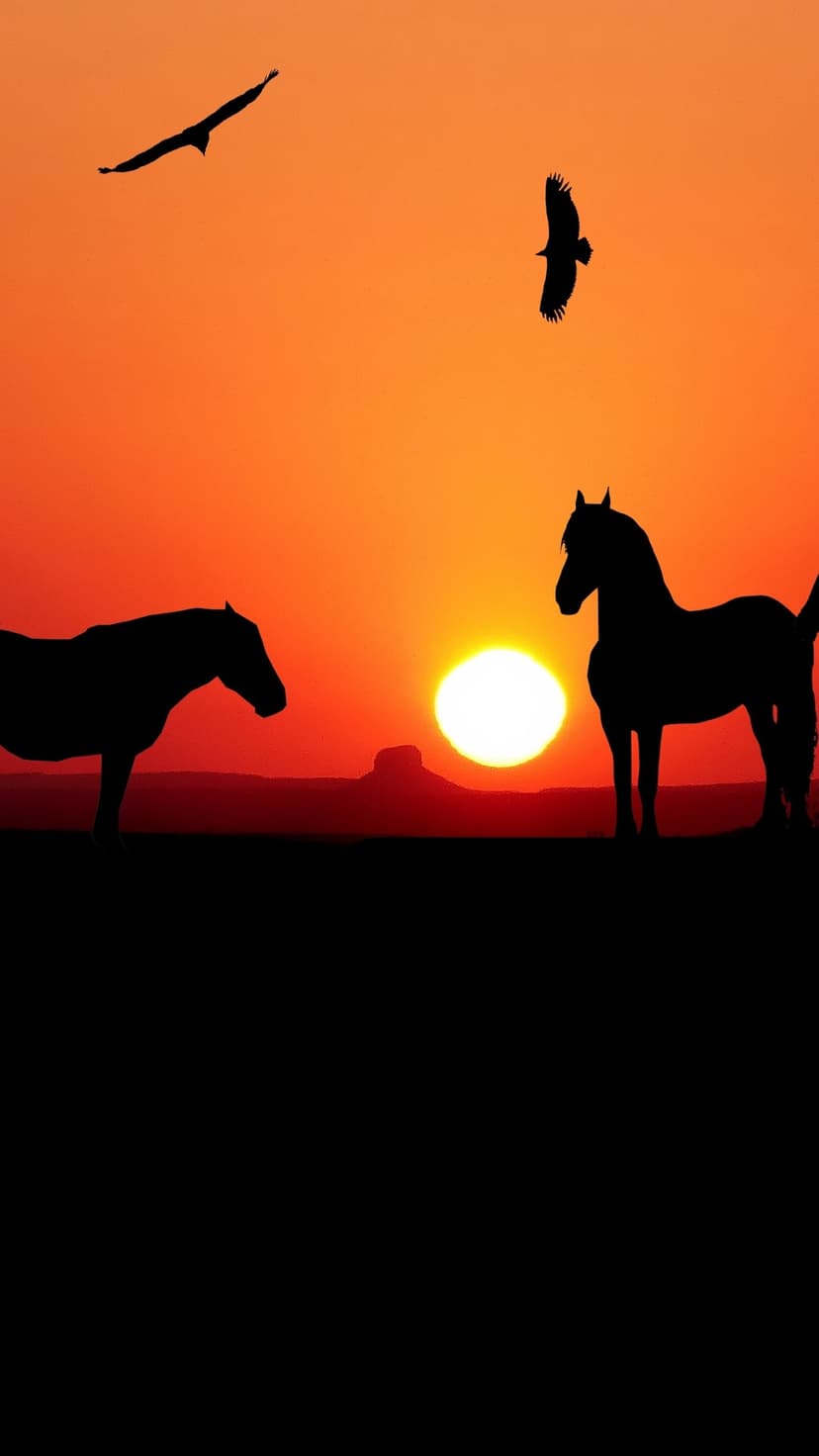 Two dark horse silhouettes stand before a glowing orange sun in a desert landscape as birds soar in the sky.