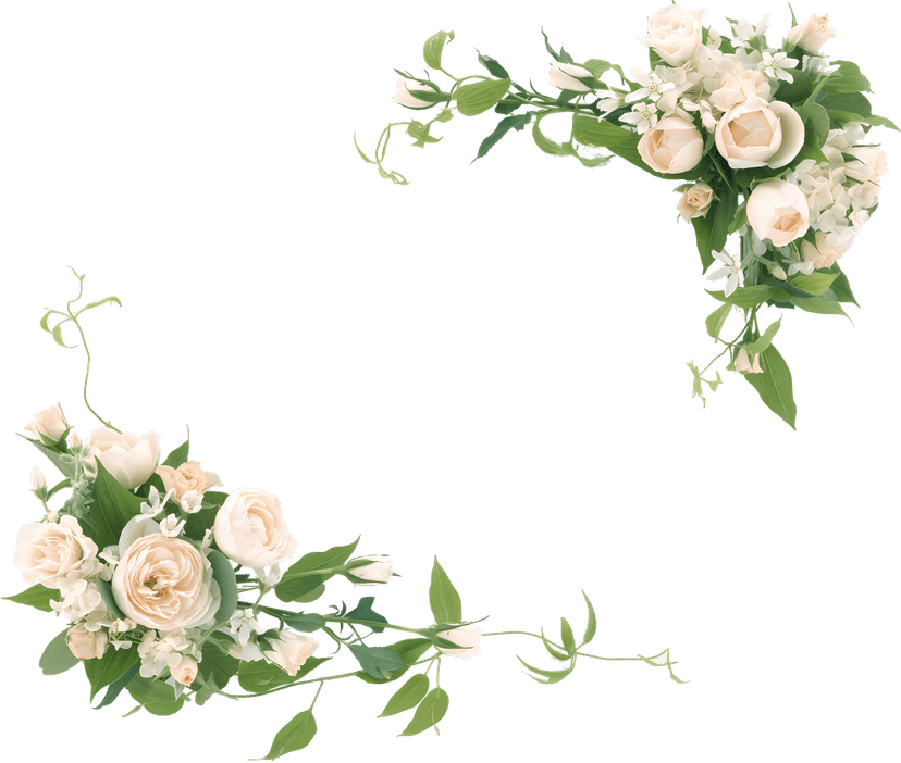 Pale blossom floral corner arrangement features realistic green leaves and thin vines on a transparent background.