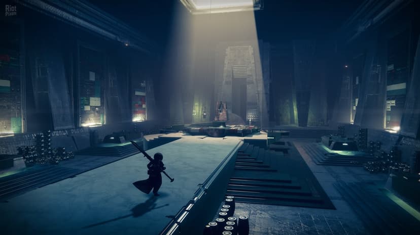 A cloaked warrior walks toward a bright beam of light inside a massive, dark monolithic temple with geometric pillars.