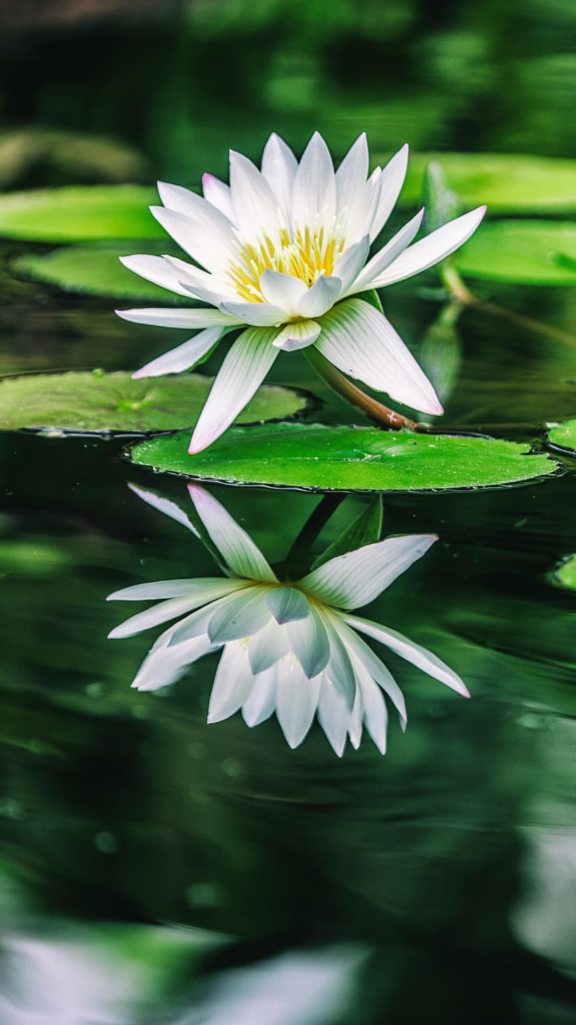 White lotus flower with open petals reflects on dark, still pond water among green lily pads in a serene setting.