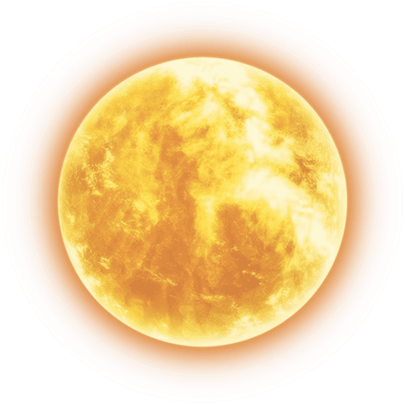 Yellow sun with long radiating rays against a transparent background in a minimalist vector graphic style.