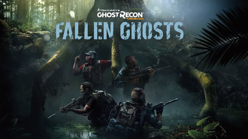Four soldiers with tactical gear and rifles in a misty jungle swamp with massive tree roots and dappled light.