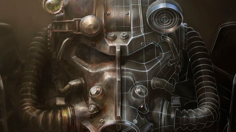 T-60 Power Armor helmet split between realistic rusted metal textures and a digital 3D wireframe mesh.